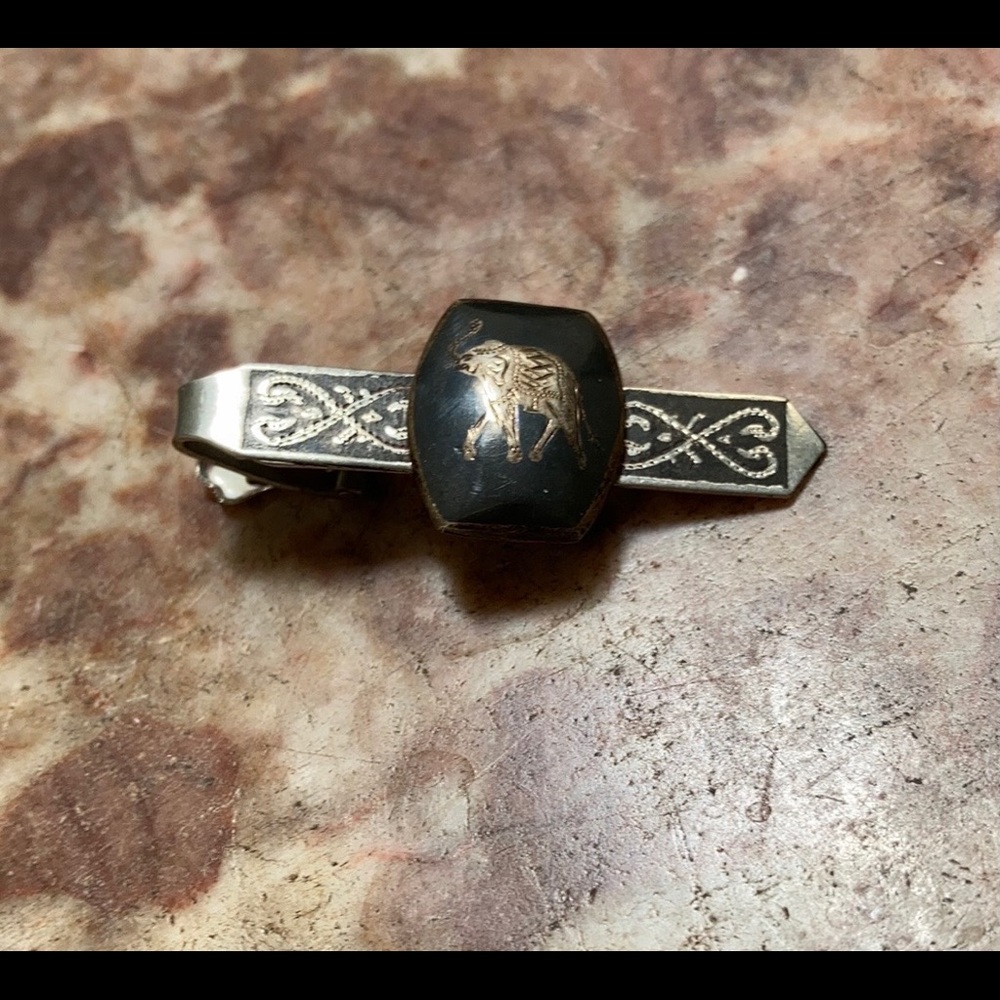 Vintage Sterling Tie Clasp Niello Elephant